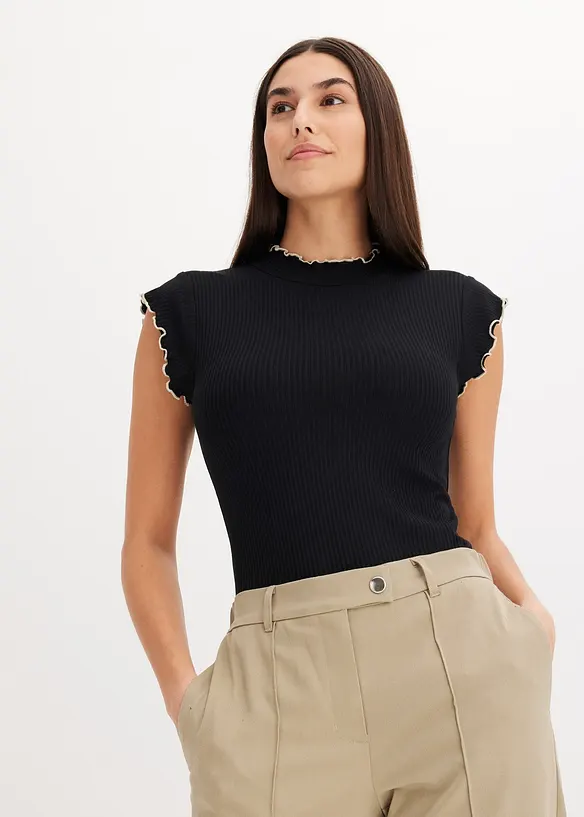 Rippshirt aus softem Viskose-Mix in schwarz von vorne (im Anschnitt) - bonprix