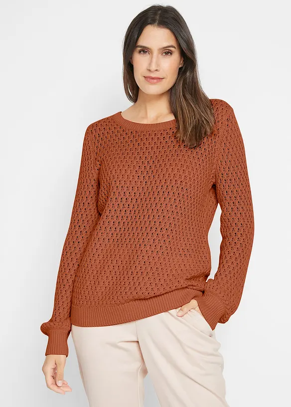 Pullover mit Strukturstrick aus Baumwollmix in braun von vorne (im Anschnitt) - bonprix Pullover mit Strukturstrick aus Baumwollmix in braun von vorne (im Anschnitt) - bonprix