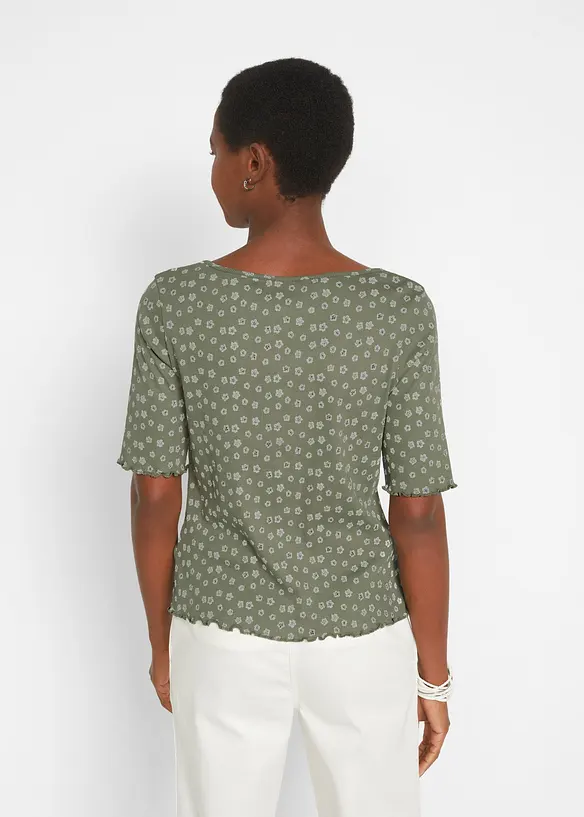 Ripp-Shirt mit Blumendruck aus reiner Baumwolle in grün von hinten (im Anschnitt) - bonprix Ripp-Shirt mit Blumendruck aus reiner Baumwolle in grün von hinten (im Anschnitt) - bonprix