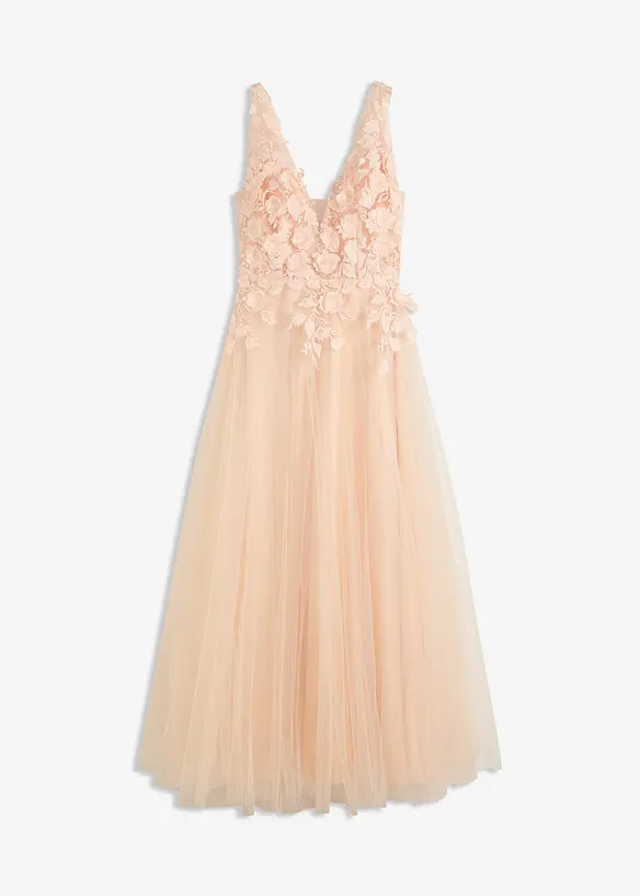 Maxikleid aus zartem Tüll mit Blumen-Applikation in beige von vorne - bonprix