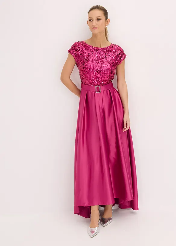 Abendkleid aus glänzendem Satin mit Pailletten in pink von vorne (Totalaufnahme) - bonprix