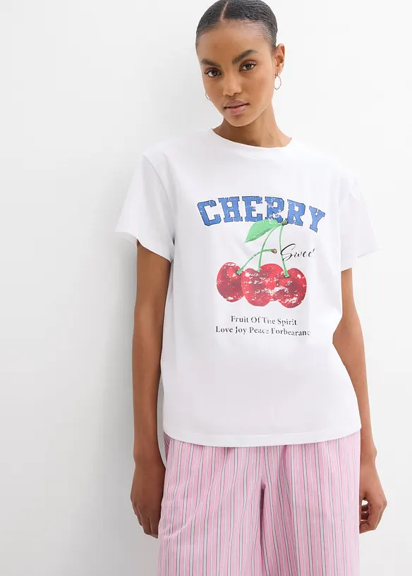 T-Shirt aus reiner Bio-Baumwolle, bedruckt in weiß von vorne (im Anschnitt) - bonprix