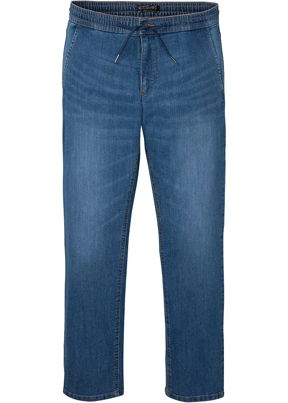 Leichte Regular-Fit Schlupfjeans mit Dehnbund, Straight in blau von vorne - bonprix