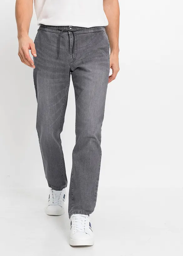 Leichte Regular-Fit Schlupfjeans mit Dehnbund, Straight in grau von vorne - bonprix