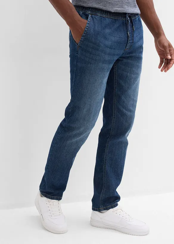 Leichte Regular-Fit Schlupfjeans mit Dehnbund, Straight in blau von vorne - bonprix