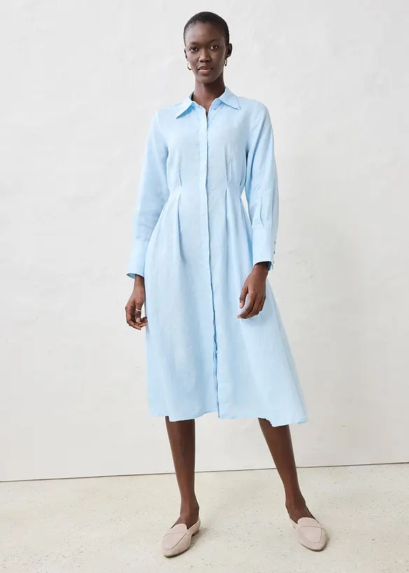 Hemdblusenkleid aus reinem Leinen in blau von vorne (Totalaufnahme) - bonprix