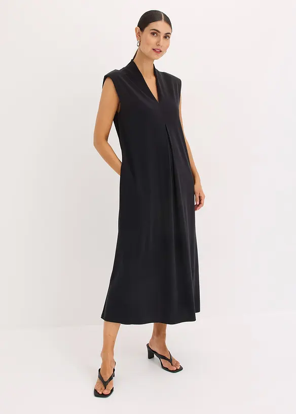 Jerseykleid aus Viskose-Mix mit Schulterpolster in schwarz von vorne (Totalaufnahme) - bonprix