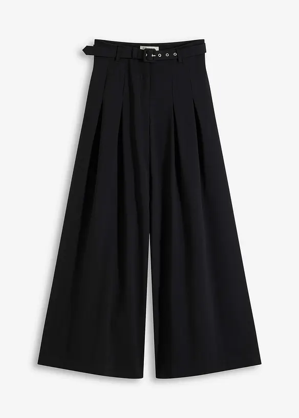 Bundfaltenhose mit Gürtel (2-tlg. Set) aus softem Viskose-Mix in schwarz von vorne - bonprix