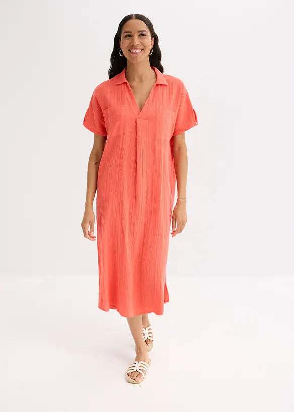 Musselin-Kaftan-Kleid aus reiner Baumwolle in pink von vorne (Totalaufnahme) - bonprix