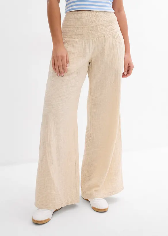 Musselin-Palazzo-Hose aus reiner Baumwolle in beige von vorne - bonprix