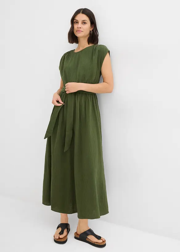 Maxikleid aus reiner Baumwolle in grün von vorne (Totalaufnahme) - bonprix