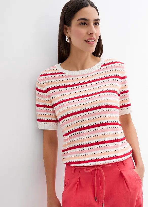 Ajour-Strickshirt aus Baumwoll-Mix in weiß von vorne (im Anschnitt) - bonprix