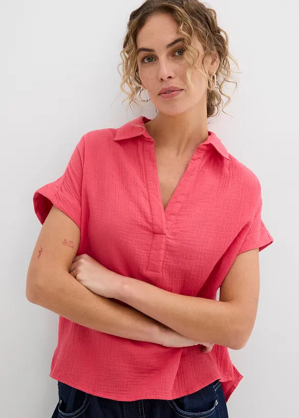 Musselin-Kurzarmbluse aus reiner Baumwolle in pink von vorne (im Anschnitt) - bonprix Musselin-Kurzarmbluse aus reiner Baumwolle in pink von vorne (im Anschnitt) - bonprix