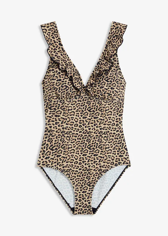 Badeanzug mit Volants in beige von vorne - bonprix