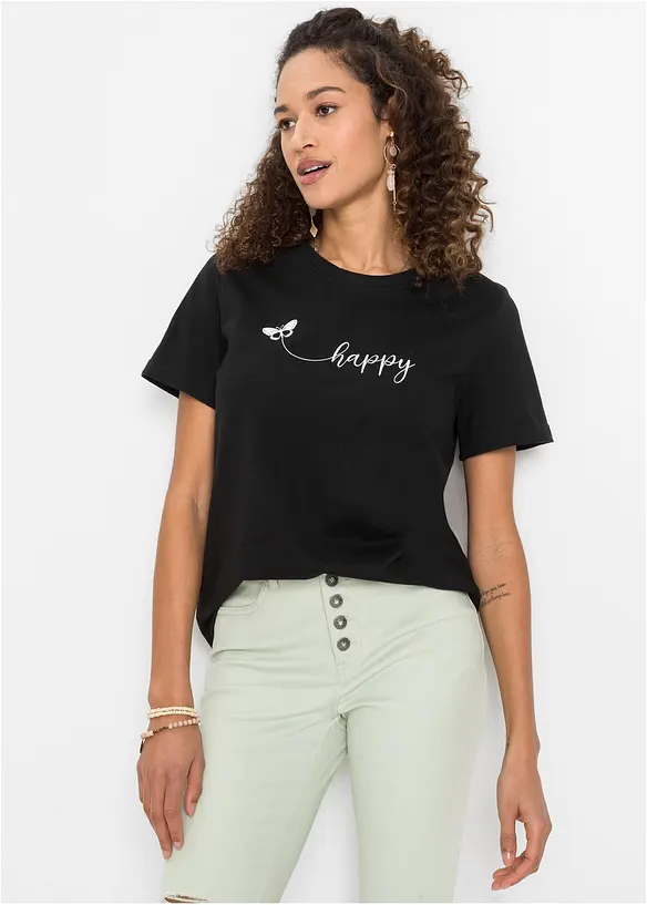 T-Shirt aus reiner Baumwolle in schwarz von vorne (im Anschnitt) - bonprix