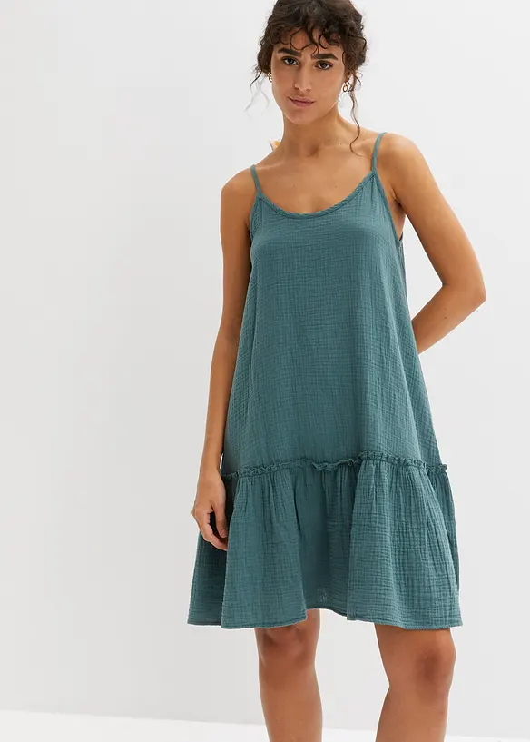 Musselin-Trägerkleid aus reiner Baumwolle in grün von vorne (Totalaufnahme) - bonprix Musselin-Trägerkleid aus reiner Baumwolle in grün von vorne (Totalaufnahme) - bonprix