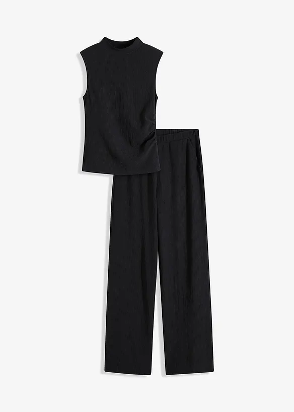 Shirt und Hose (2tlg.Set) aus strukturiertem Crêpe in schwarz von vorne - bonprix