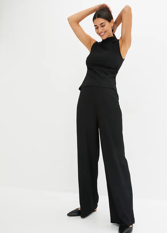 Shirt und Hose (2tlg.Set) aus strukturiertem Crêpe in schwarz von vorne (Totalaufnahme) - bonprix