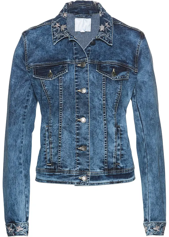 Jeansjacke mit Stickerei in blau von vorne - bonprix