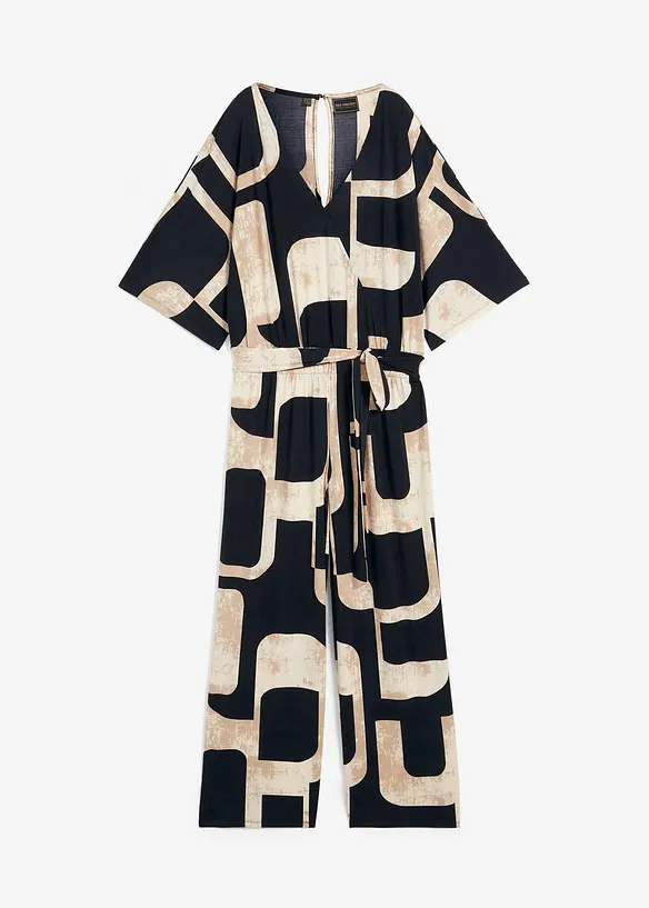 Jersey-Jumpsuit mit V-Ausschnitt in schwarz von vorne - bonprix