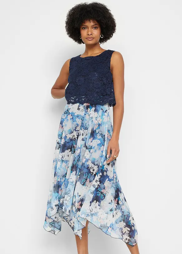 Chiffonkleid mit feiner Spitze in blau von vorne (Totalaufnahme) - bonprix Chiffonkleid mit feiner Spitze in blau von vorne (Totalaufnahme) - bonprix