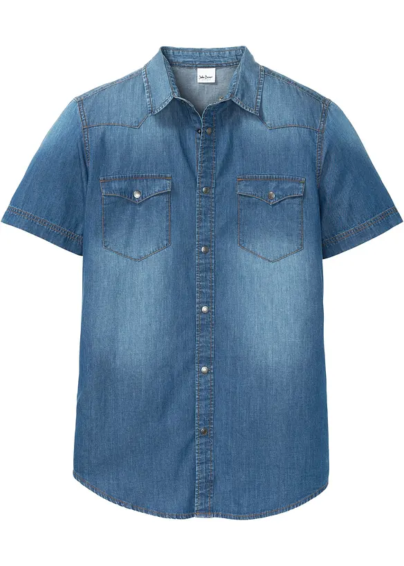 Jeanshemd, Kurzarm aus reiner Bio-Baumwolle, Slim Fit in blau von vorne - bonprix