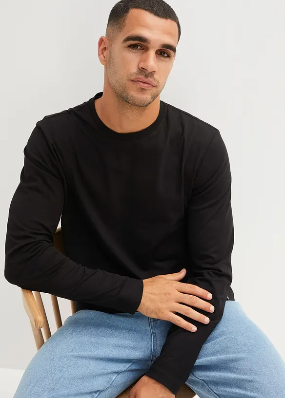 Langarmshirt aus reiner Baumwolle (2er Pack) in schwarz von vorne (im Anschnitt) - bonprix
