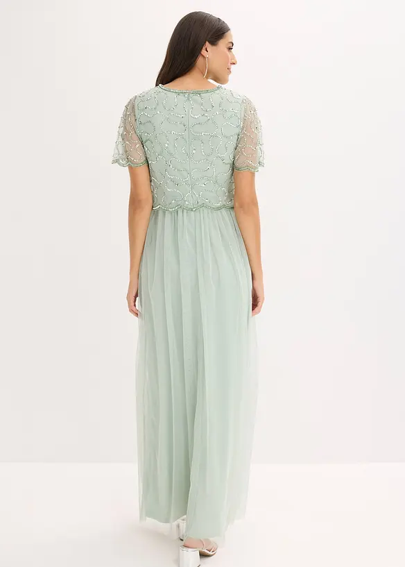 Maxikleid aus feinem Tüll mit Paillettenstickerei in grün von hinten (Totalaufnahme) - bonprix