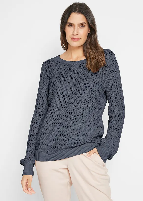 Pullover mit Strukturstrick aus Baumwollmix in blau von vorne (im Anschnitt) - bonprix Pullover mit Strukturstrick aus Baumwollmix in blau von vorne (im Anschnitt) - bonprix