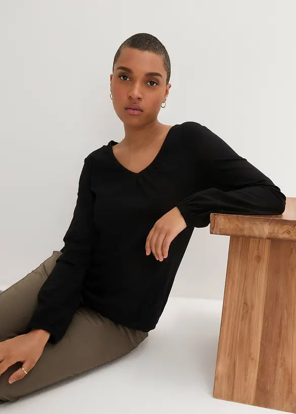 Langarmshirt mit Gummizug aus reiner Baumwolle in schwarz von vorne (im Anschnitt) - bonprix Langarmshirt mit Gummizug aus reiner Baumwolle in schwarz von vorne (im Anschnitt) - bonprix
