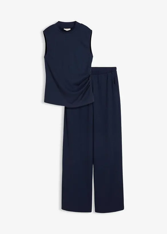 Shirt und Hose (2tlg.Set) aus strukturiertem Crêpe in blau von vorne - bonprix