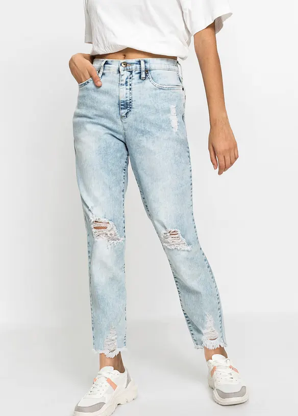 Mom-Jeans High Waist mit Destroy-Effekten in blau von vorne - bonprix Mom-Jeans High Waist mit Destroy-Effekten in blau von vorne - bonprix