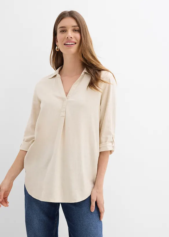 Leinen-Bluse, 3/4-Arm in beige von vorne (im Anschnitt) - bonprix Leinen-Bluse, 3/4-Arm in beige von vorne (im Anschnitt) - bonprix