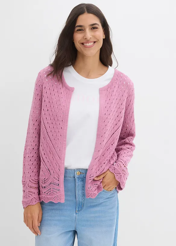 Ajour-Strickjacke aus reiner Baumwolle in rosa von vorne (im Anschnitt) - bonprix Ajour-Strickjacke aus reiner Baumwolle in rosa von vorne (im Anschnitt) - bonprix