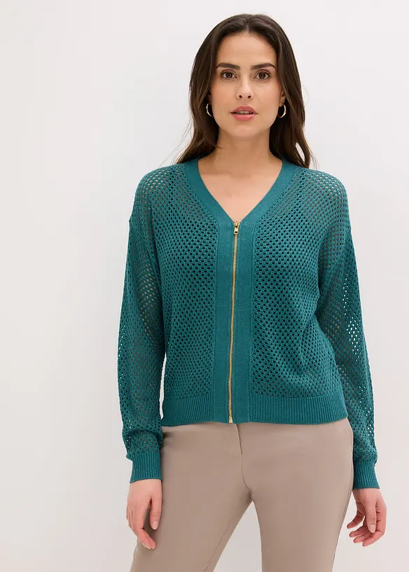Ajour-Strickjacke mit Glitzereffekt in petrol von vorne (im Anschnitt) - bonprix Ajour-Strickjacke mit Glitzereffekt in petrol von vorne (im Anschnitt) - bonprix
