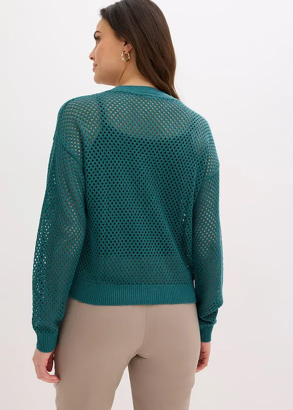 Ajour-Strickjacke mit Glitzereffekt in petrol von hinten (im Anschnitt) - bonprix Ajour-Strickjacke mit Glitzereffekt in petrol von hinten (im Anschnitt) - bonprix