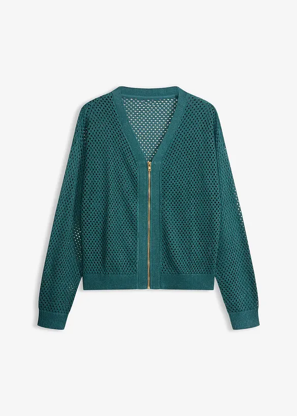 Ajour-Strickjacke mit Glitzereffekt in petrol von vorne - bonprix Ajour-Strickjacke mit Glitzereffekt in petrol von vorne - bonprix