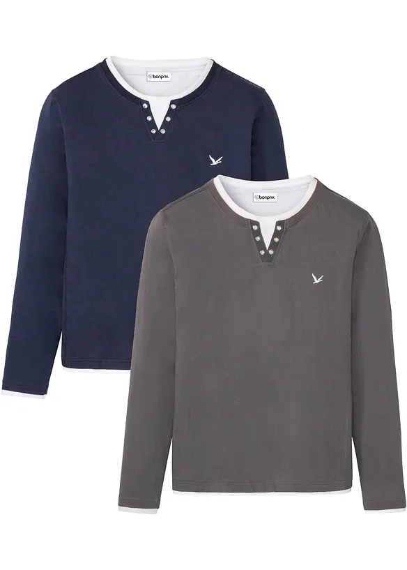 2 in 1 Langarmshirt (2er Pack) in blau von vorne - bonprix