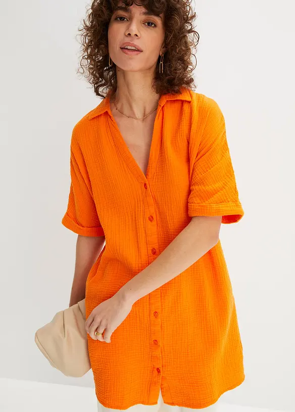 Musselin-Oversize-Longbluse aus reiner Baumwolle in orange von vorne (im Anschnitt) - bonprix Musselin-Oversize-Longbluse aus reiner Baumwolle in orange von vorne (im Anschnitt) - bonprix