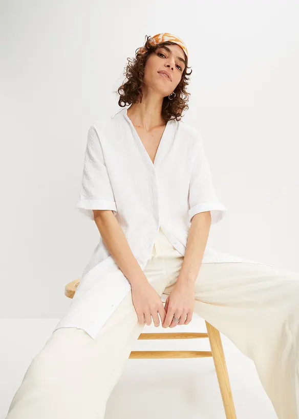 Musselin-Oversize-Longbluse aus reiner Baumwolle in weiß von vorne (im Anschnitt) - bonprix Musselin-Oversize-Longbluse aus reiner Baumwolle in weiß von vorne (im Anschnitt) - bonprix