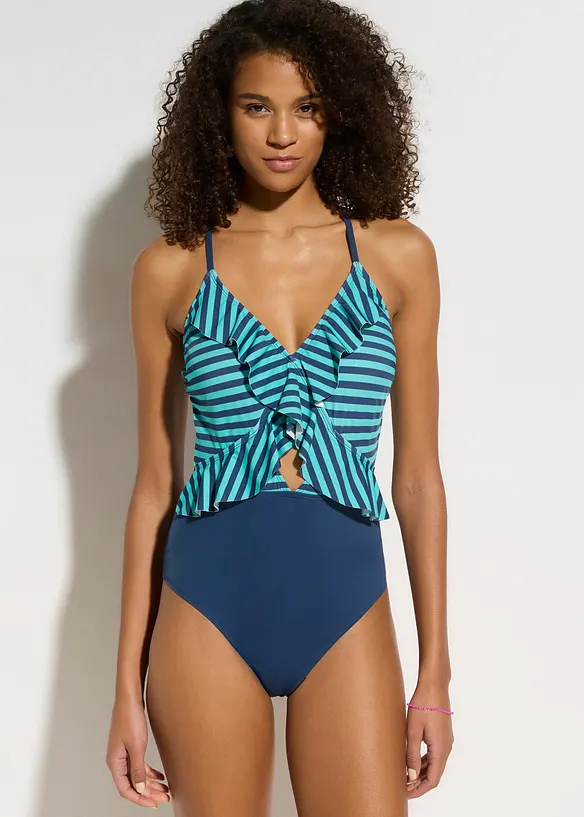 Badeanzug mit Cut Out und Volants in blau von vorne (Totalaufnahme) - bonprix