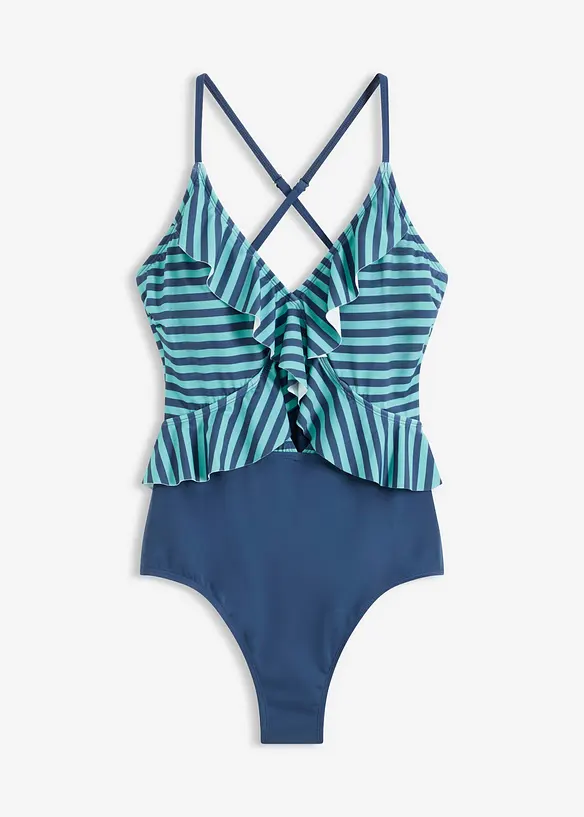 Badeanzug mit Cut Out und Volants in blau von vorne - bonprix