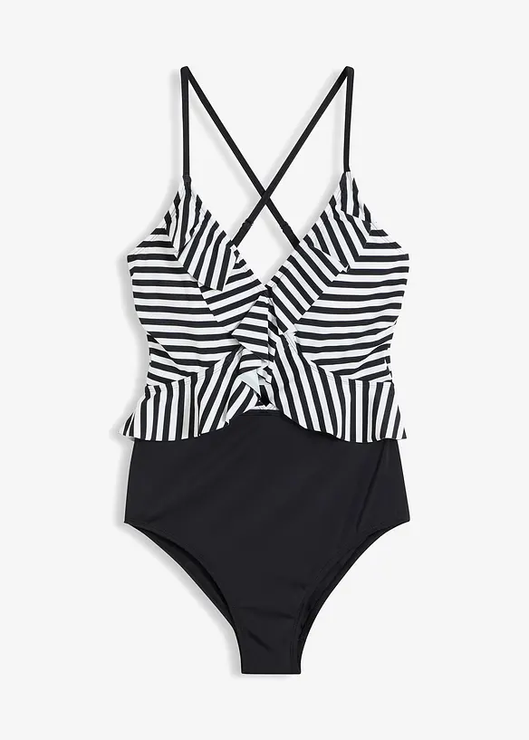 Badeanzug mit Cut Out und Volants in schwarz von vorne - bonprix