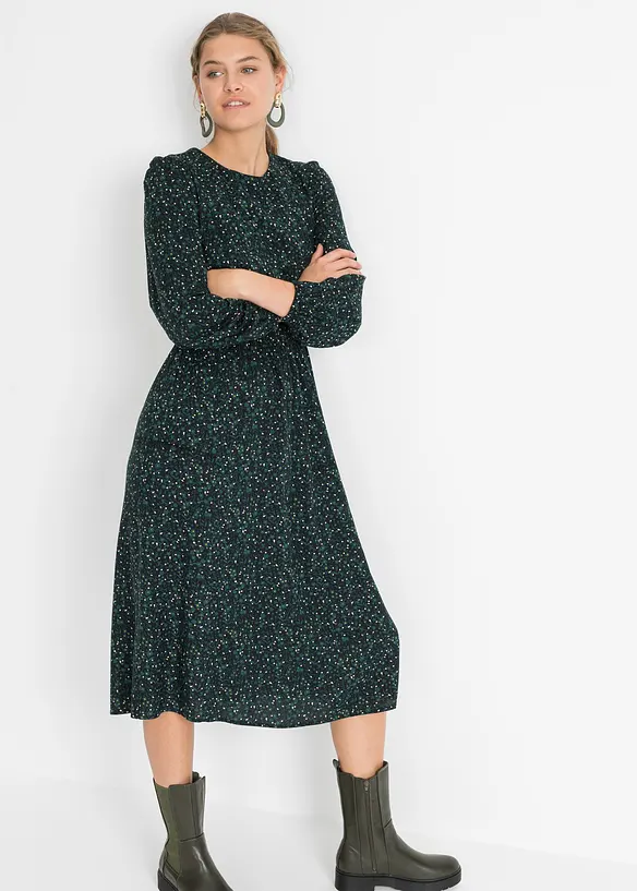 Midikleid mit Blumenprint in petrol von vorne (Totalaufnahme) - bonprix