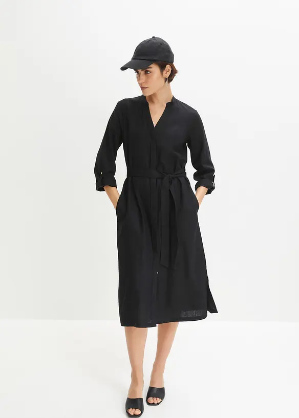 Kleid mit Taschen aus Leinen-Viskose-Mix in schwarz von vorne (Totalaufnahme) - bonprix
