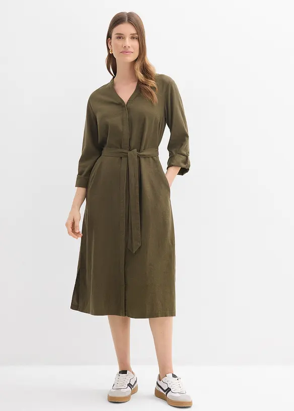 Kleid mit Taschen aus Leinen-Viskose-Mix in grün von vorne (Totalaufnahme) - bonprix Kleid mit Taschen aus Leinen-Viskose-Mix in grün von vorne (Totalaufnahme) - bonprix