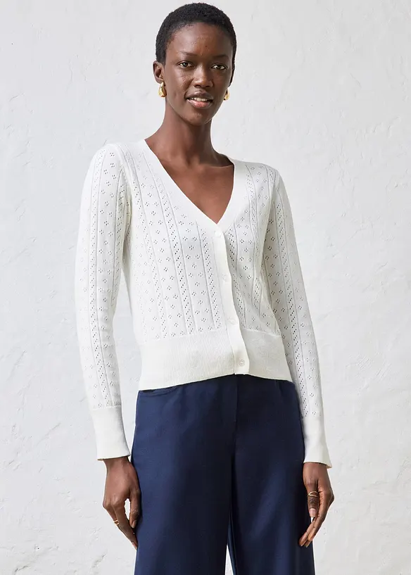 Ajour-Strickjacke mit Seidenanteil in weiß von vorne (im Anschnitt) - bonprix Ajour-Strickjacke mit Seidenanteil in weiß von vorne (im Anschnitt) - bonprix