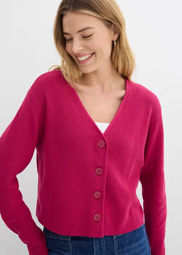 Kurze Strickjacke aus reiner Bio-Baumwolle in pink von vorne (im Anschnitt) - bonprix Kurze Strickjacke aus reiner Bio-Baumwolle in pink von vorne (im Anschnitt) - bonprix