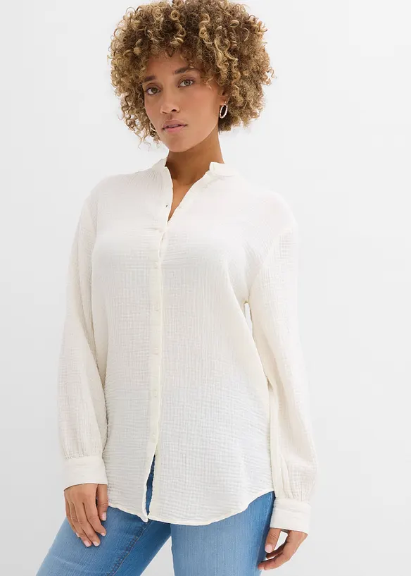 Musselin-Longbluse aus reiner Baumwolle in weiß von vorne (im Anschnitt) - bonprix Musselin-Longbluse aus reiner Baumwolle in weiß von vorne (im Anschnitt) - bonprix