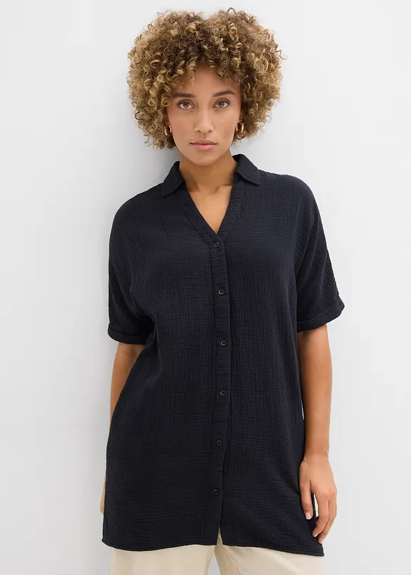 Musselin-Oversize-Bluse aus reiner Baumwolle in schwarz von vorne (im Anschnitt) - bonprix Musselin-Oversize-Bluse aus reiner Baumwolle in schwarz von vorne (im Anschnitt) - bonprix